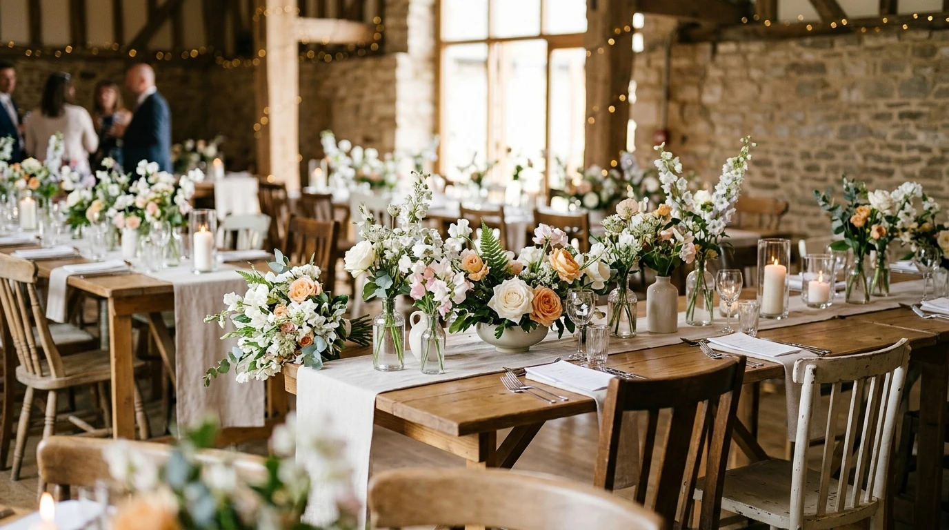Wedding reception tables styled with loose floral runners in bud vases, candlelight and fairy lights