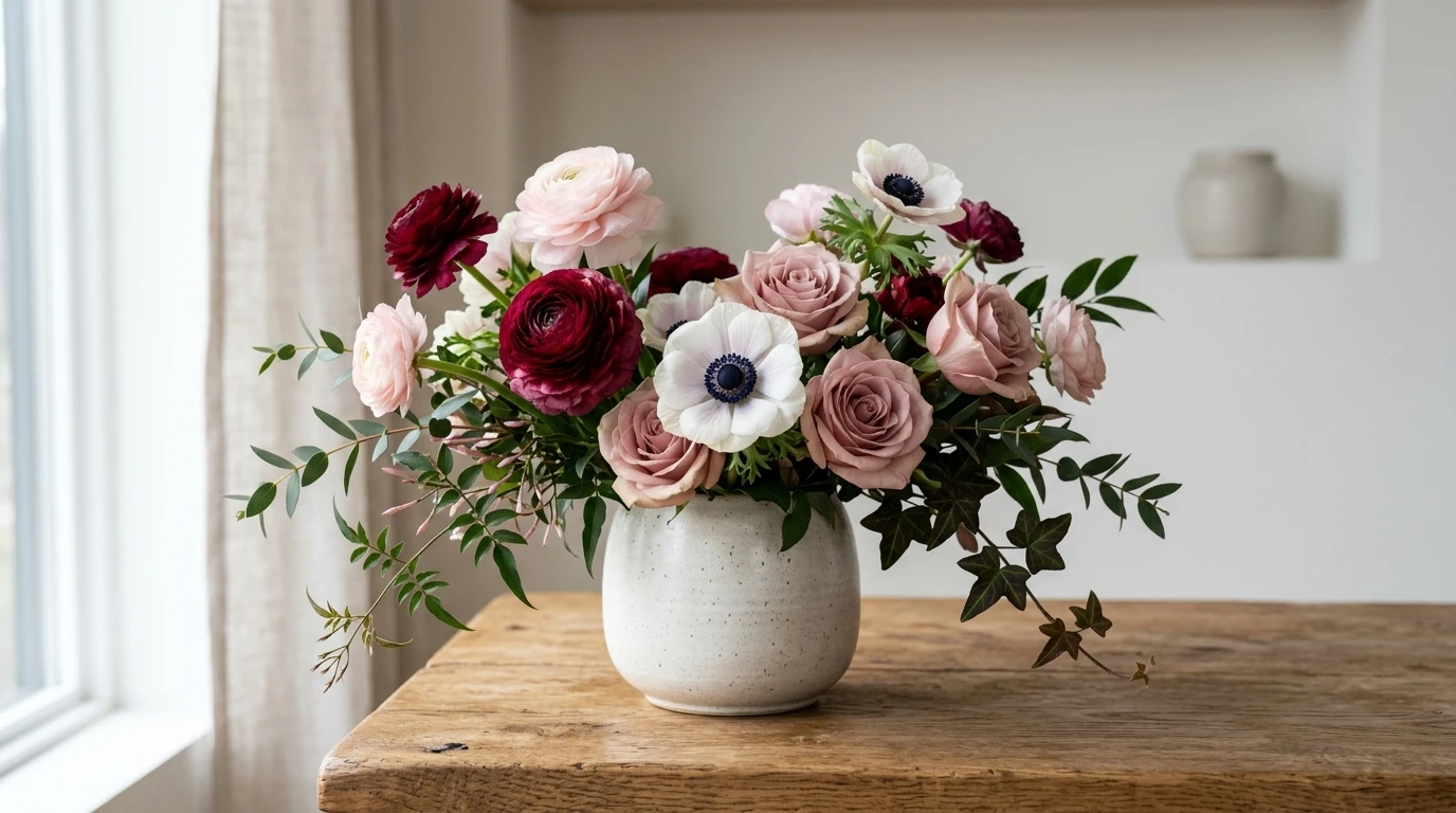 Romantic Valentine's arrangement of blush pink and burgundy roses, ranunculus and anemones in a ceramic vase