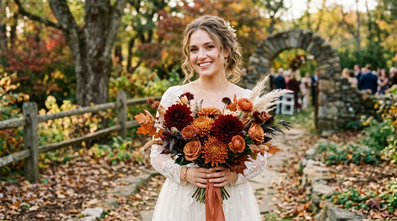Smiling bride holding a rust and burgundy dahlia and chrysanthemum bouquet with pampas grass, in front of a stone archway at an autumn wedding