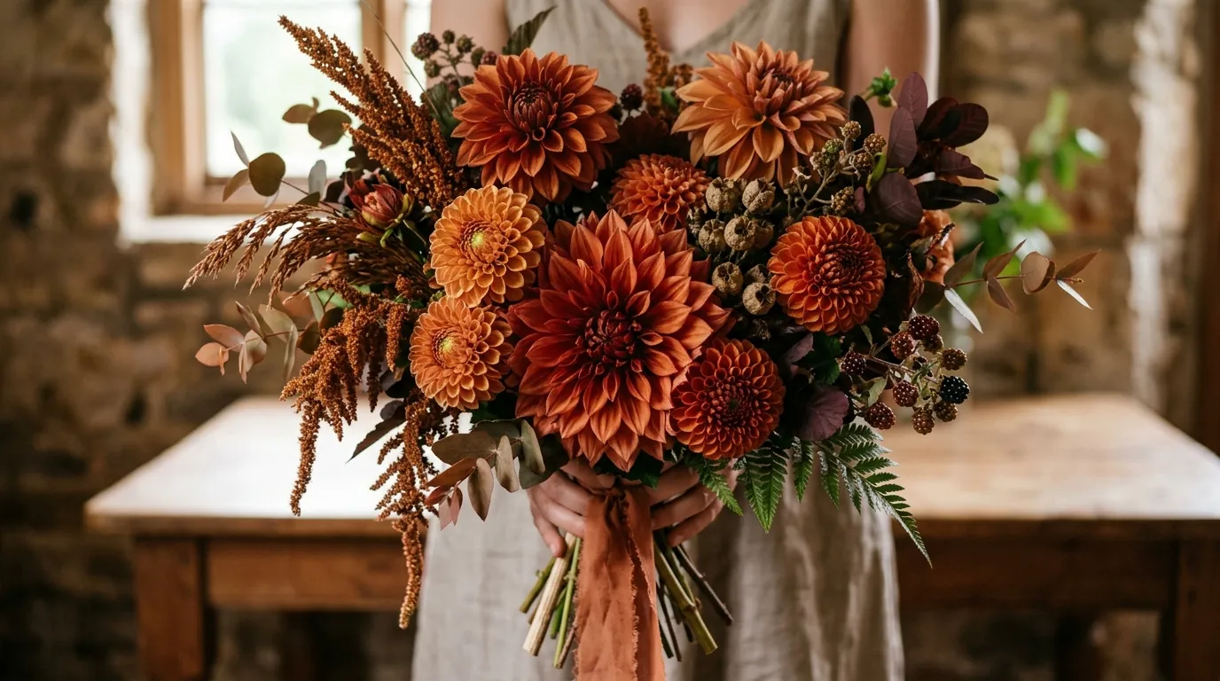 Close-up rust and burgundy dahlia wedding bouquet with amaranthus, blackberries and eucalyptus, tied with a rust ribbon