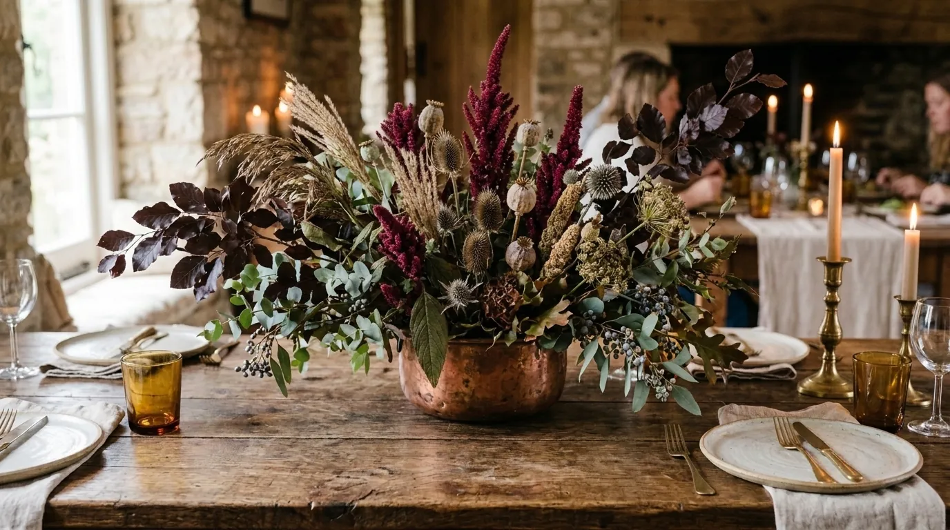 Autumn wedding table centrepiece in a copper pot with burgundy amaranthus, dried teasel and copper beech, styled on a rustic wooden table with candlelight
