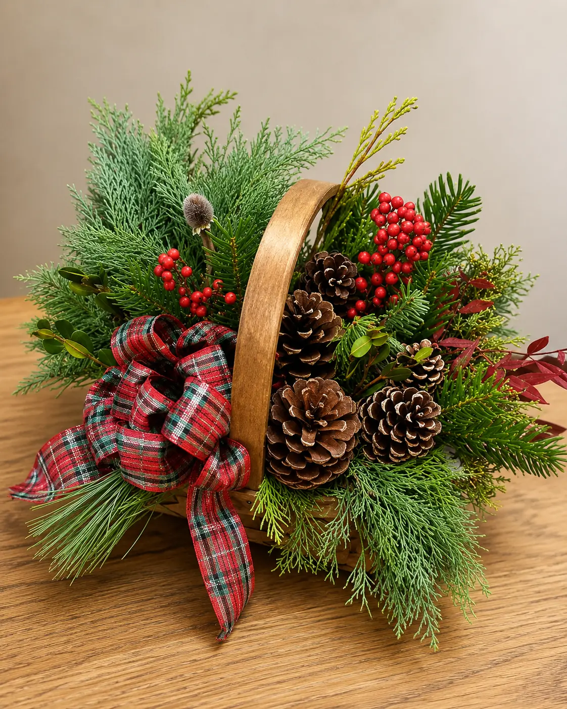 Festive basket arrangement with red and green Christmas flowers and foliage