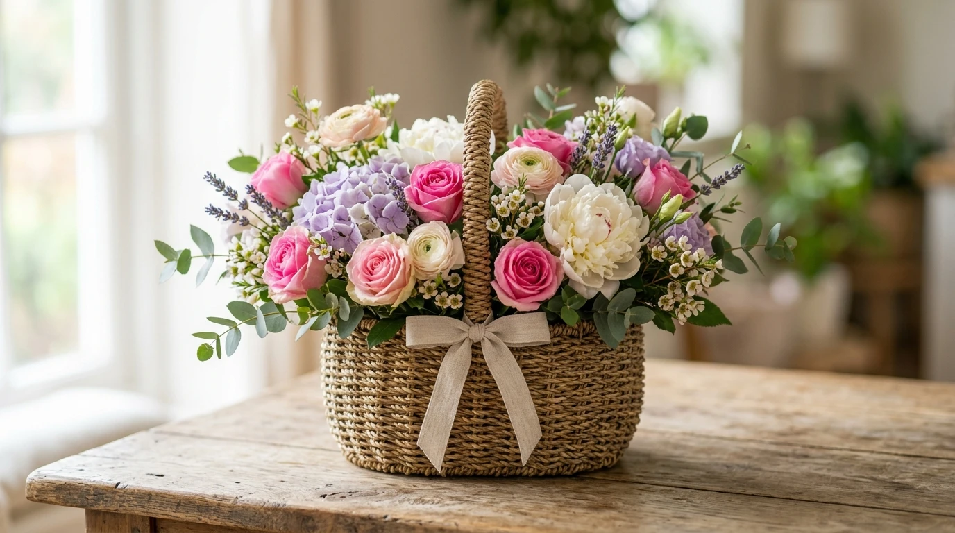 Woven basket arrangement of pink roses, peonies, ranunculus and lavender tied with a ribbon bow for Mother's Day