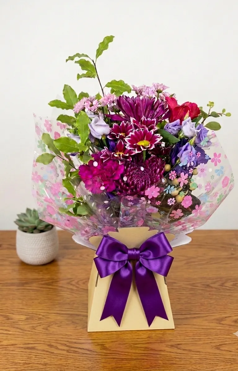 Purple and plum box arrangement with chrysanthemums and a succulent