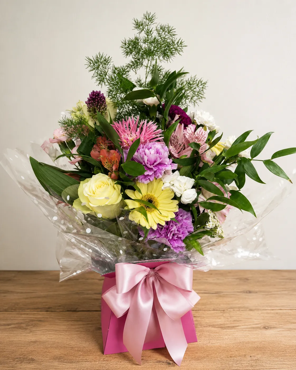 Vibrant mixed box arrangement with yellow gerbera and purple carnations