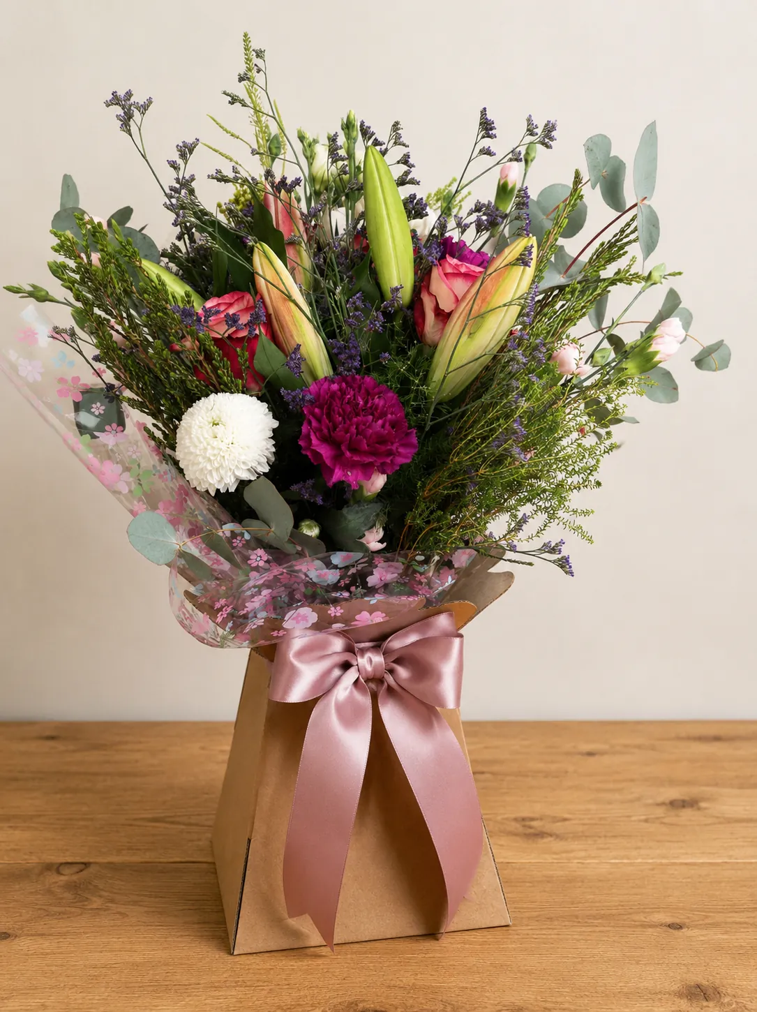 Mixed seasonal box arrangement with alstroemeria, carnations and roses