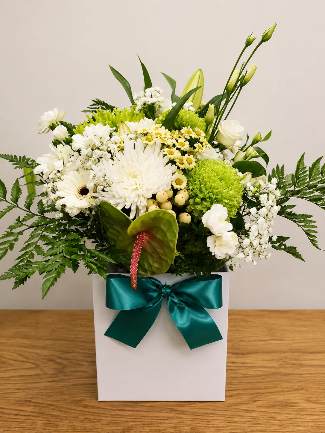 Rustic kraft box arrangement with pink roses and lisianthus