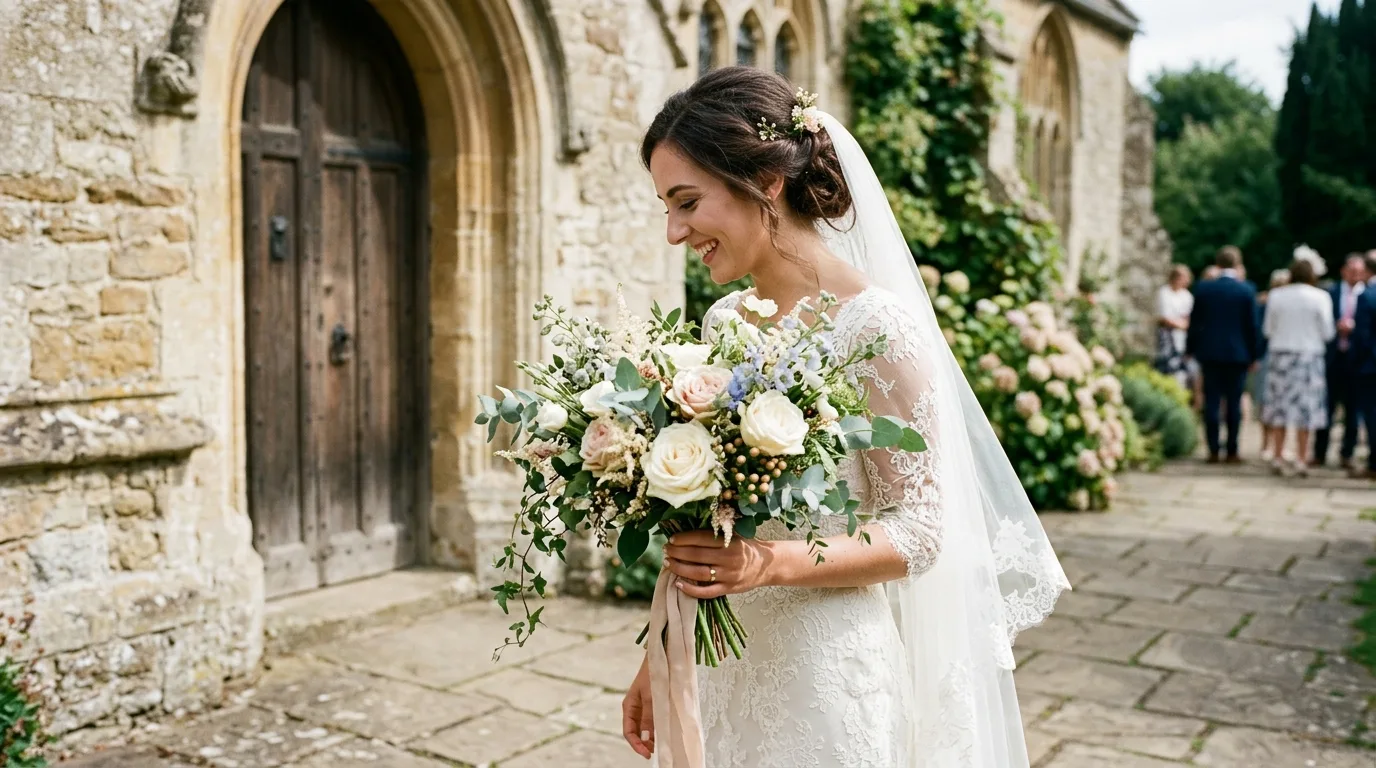 Bride holding bouquet at church, Quality Plants and Flowers, West Yorkshire wedding florist