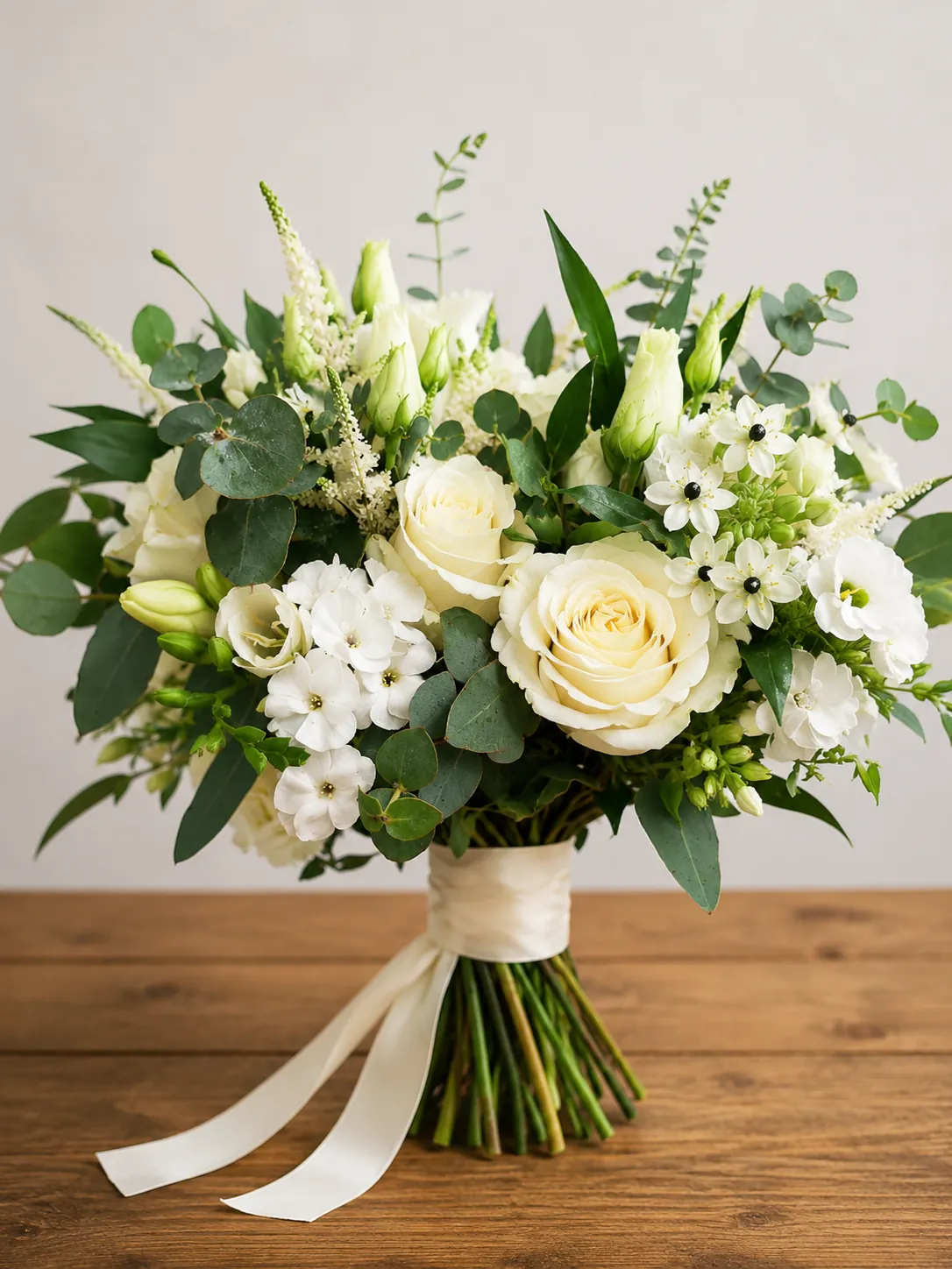 White rose bridal bouquet with eucalyptus and stephanotis, tied with ivory ribbon