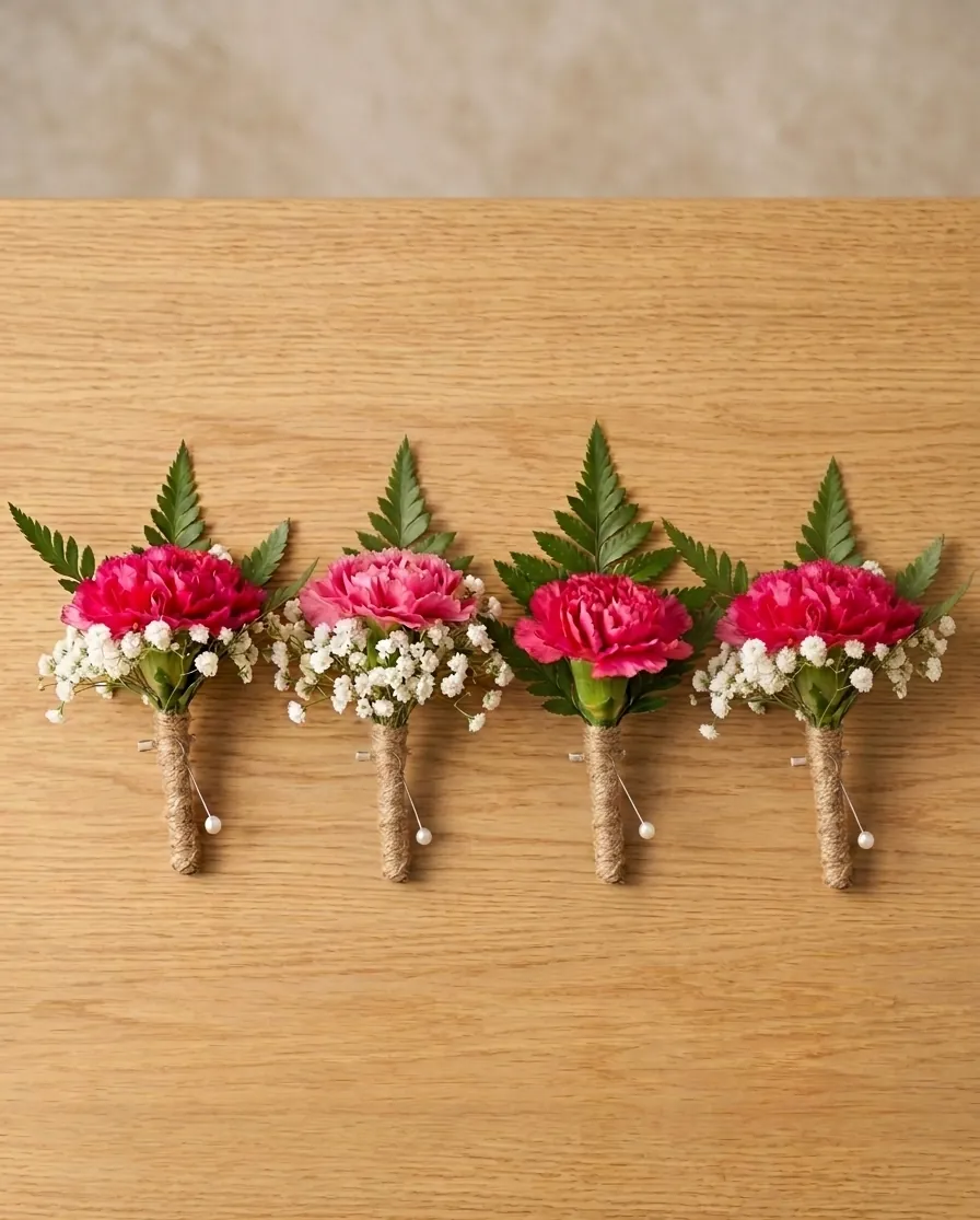 Row of pink carnation buttonholes with gypsophila for the groomsmen