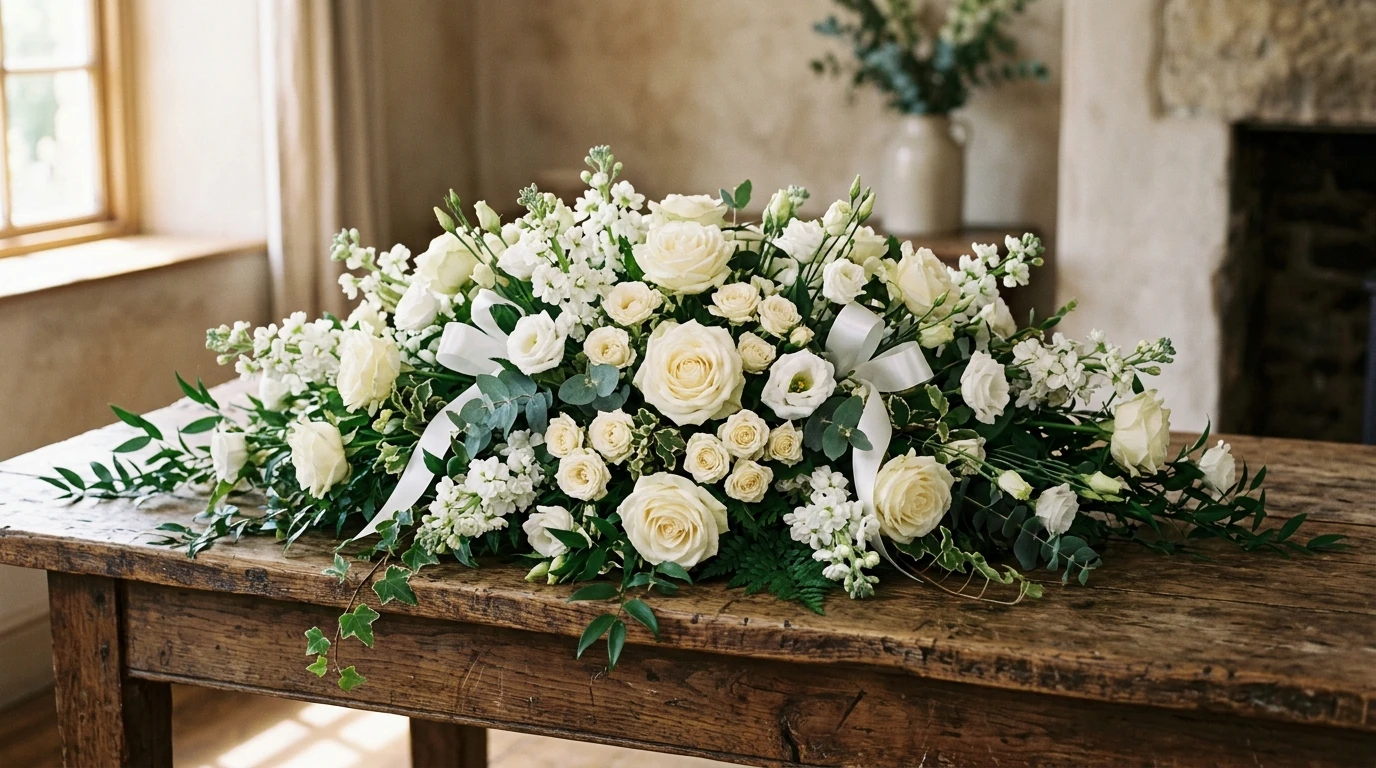 Elegant white rose and eucalyptus casket spray on a rustic wooden table in a softly lit room
