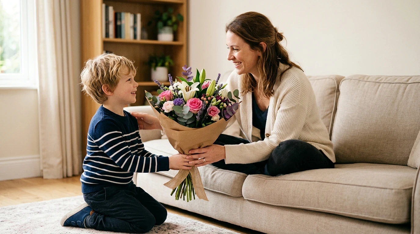 Young boy giving his mum a hand-tied bouquet of pink roses and lilies on Mother's Day