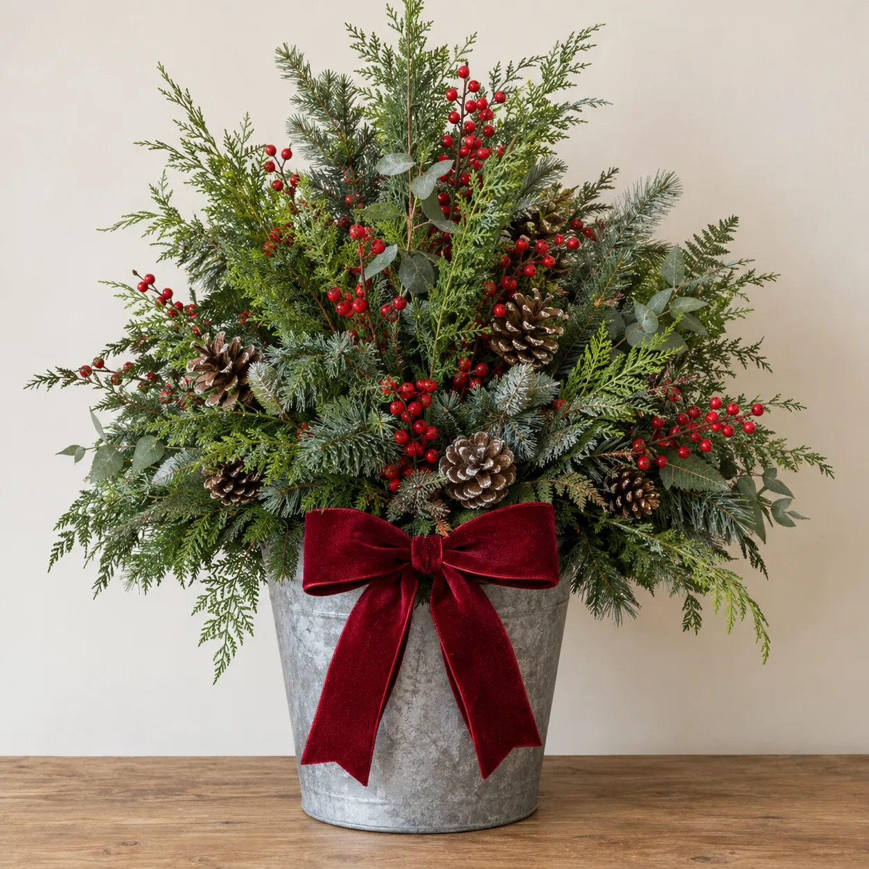 Galvanised Christmas pot of winter foliage, red berries and pinecones with a red velvet bow