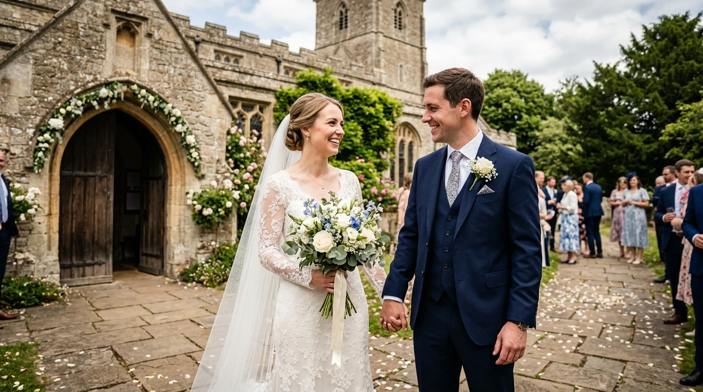 Bride and groom outside a stone church decorated with a white and green floral archway over the door