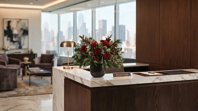 Festive red and green Christmas floral arrangement on a marble reception desk with a city skyline view
