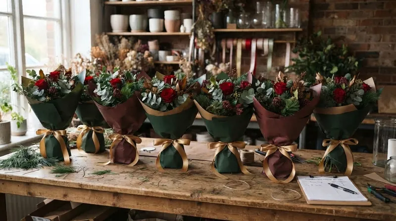 Row of matching Christmas hand-tied bouquets wrapped in green and burgundy paper with gold ribbon, ready for corporate gift dispatch