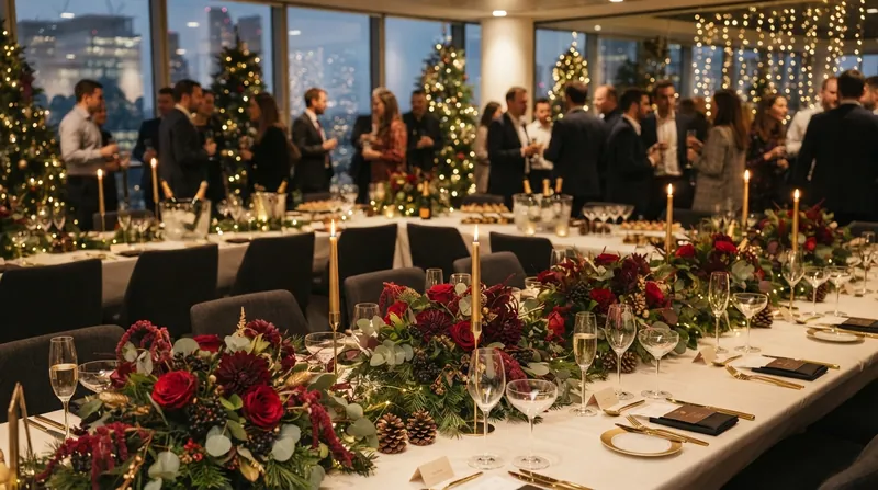 Long table dressed for an office Christmas party with a red and gold floral centrepiece running its length, guests mingling in the background