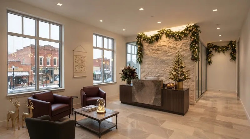 Modern office reception lobby decorated for Christmas with a lit garland, a dressed tree and a festive floral arrangement