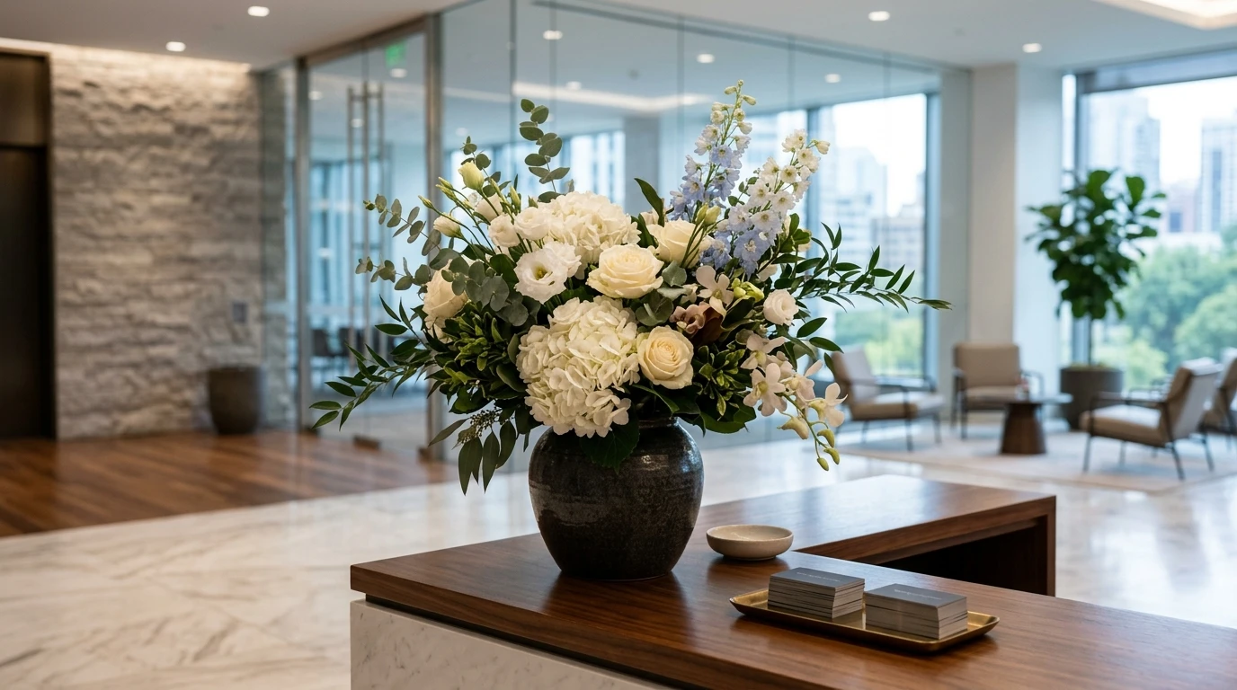 Large white and cream floral arrangement of roses, hydrangea and delphinium on a reception desk in a modern office with a city skyline view