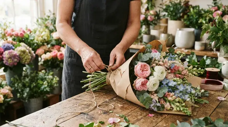 Florist's hands tying off a hand-tied bouquet of pink roses, white ranunculus and blue delphinium in a plant-filled workshop