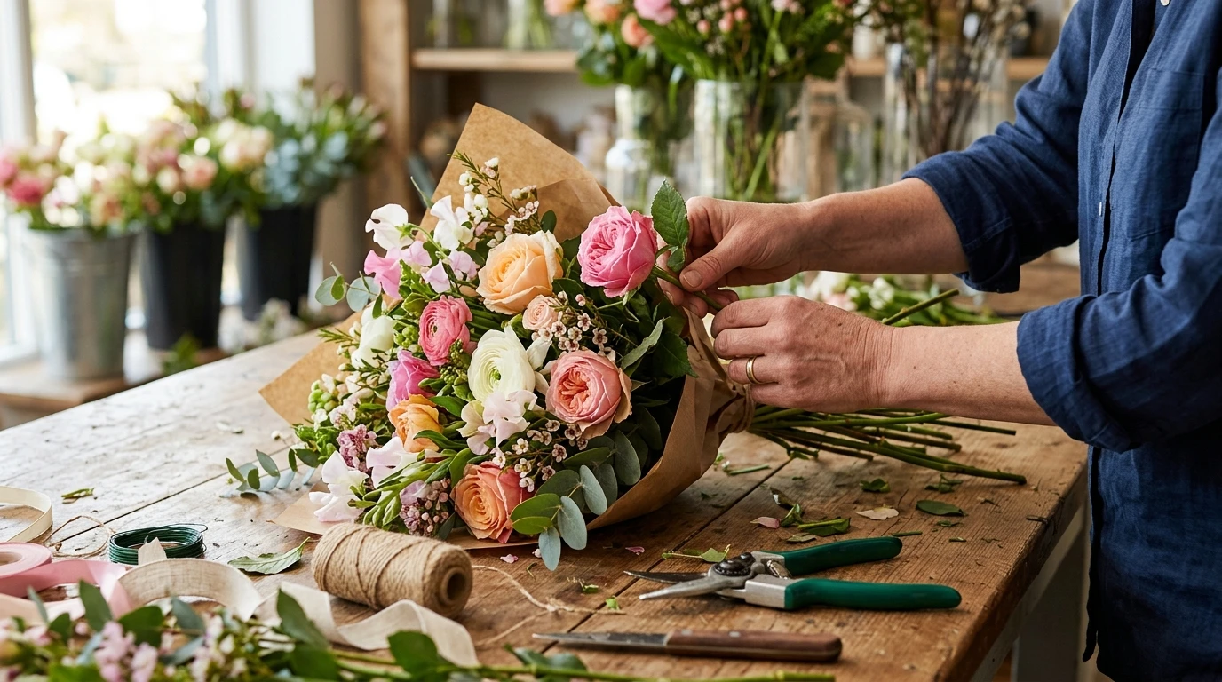 Florist hand-tying a Mother's Day bouquet of pink roses, ranunculus and sweet peas in a floristry workshop