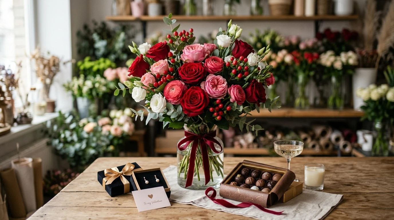 Valentine's bouquet of red and pink roses with a box of chocolates, jewellery gift box, candle and 'To my Valentine' card