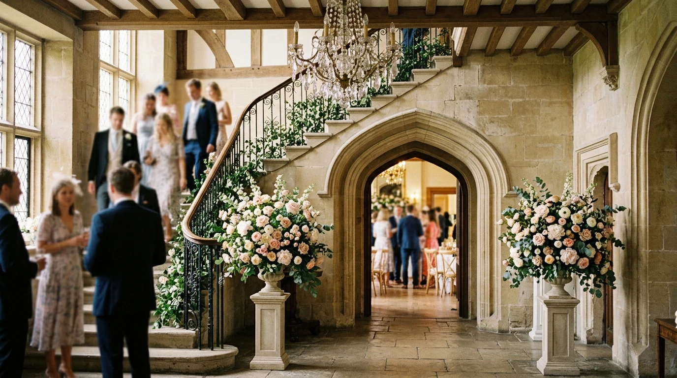 Tall pedestal arrangements of blush and ivory roses flanking a stone staircase and archway under a chandelier