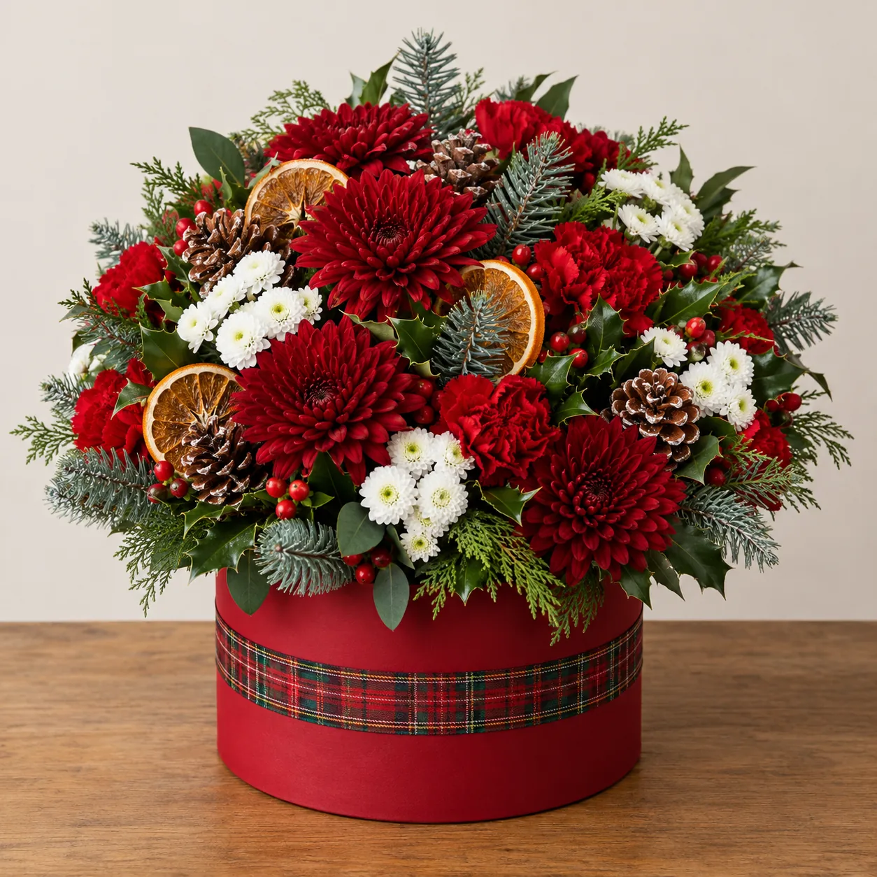 Red Christmas hat box with tartan ribbon, filled with red chrysanthemums, carnations, holly and dried orange