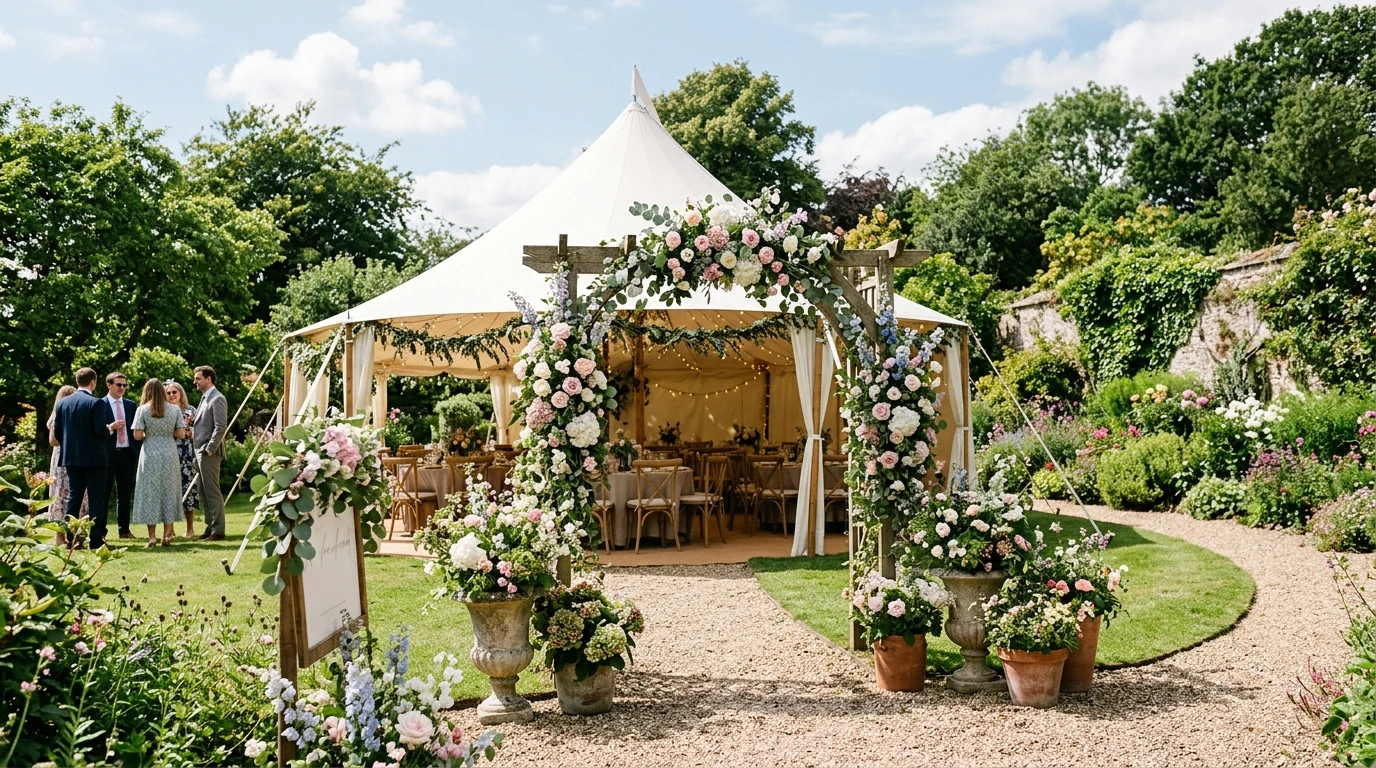 White marquee in a garden with a rose and eucalyptus floral archway framing the entrance