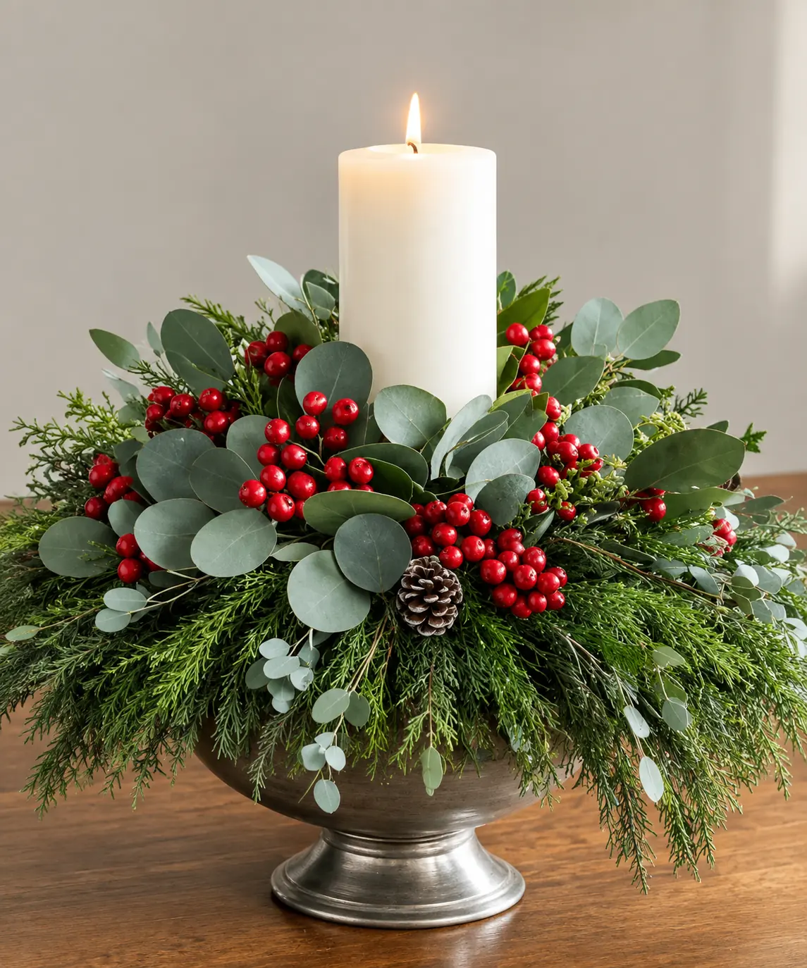 Christmas arrangement with pillar candles, red flowers and pine foliage