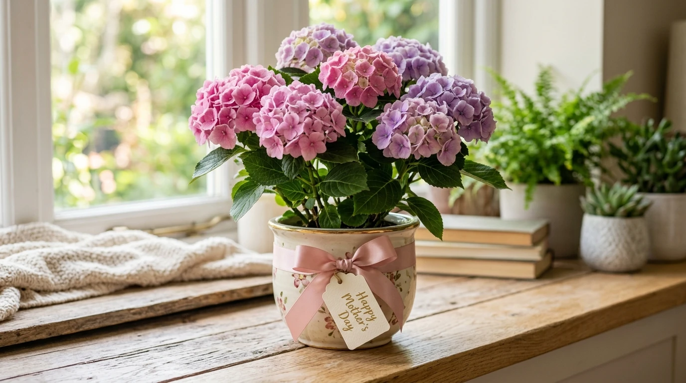 Pink and purple potted hydrangea gift with a 'Happy Mother's Day' gift tag on a windowsill