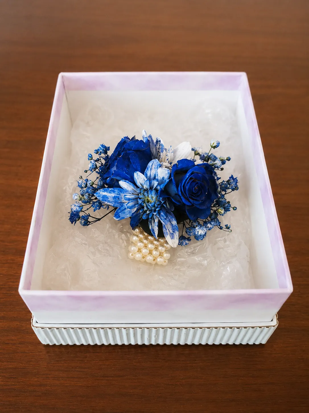 Blue flower prom wrist corsage with a pearl band, gift boxed