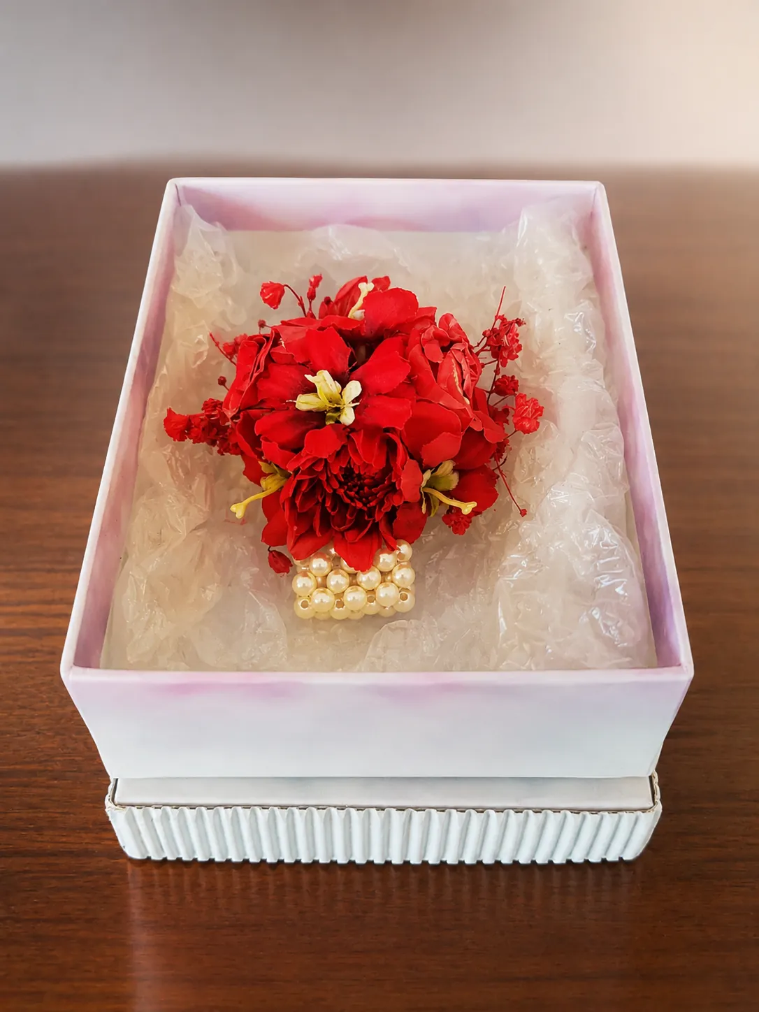 Red flower prom wrist corsage with a pearl band, gift boxed