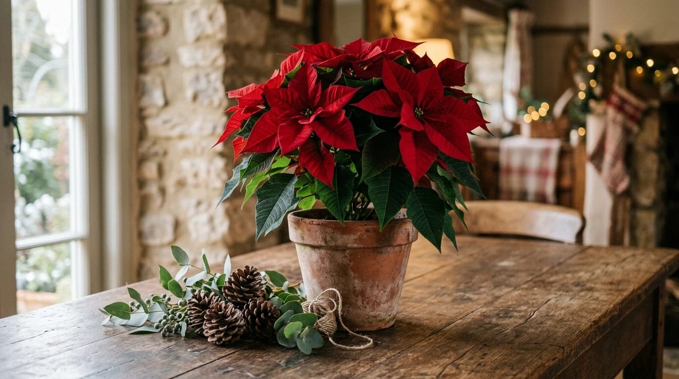 Red poinsettia plant in a terracotta pot on a table decorated for Christmas