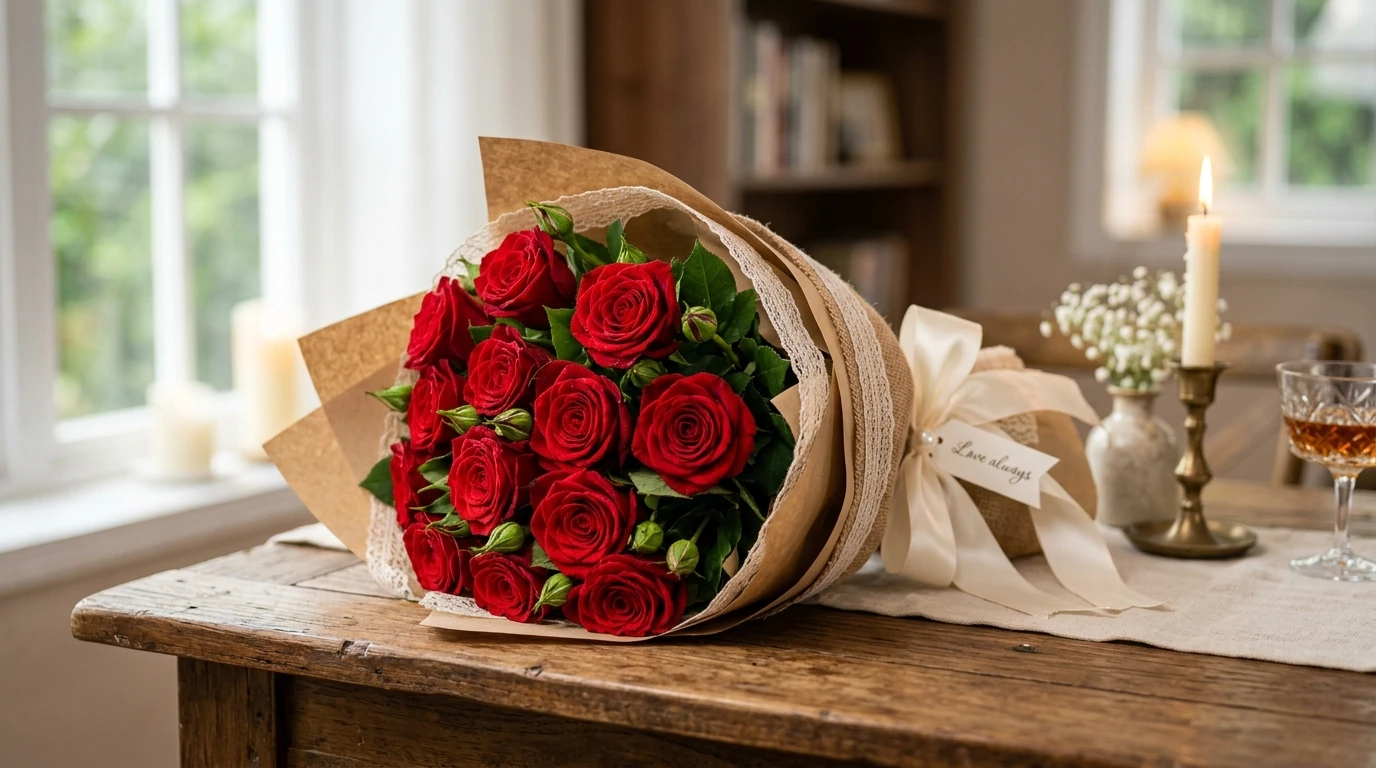 Dozen red roses hand-tied bouquet wrapped in brown paper and lace with a 'Love always' gift tag on a wooden table