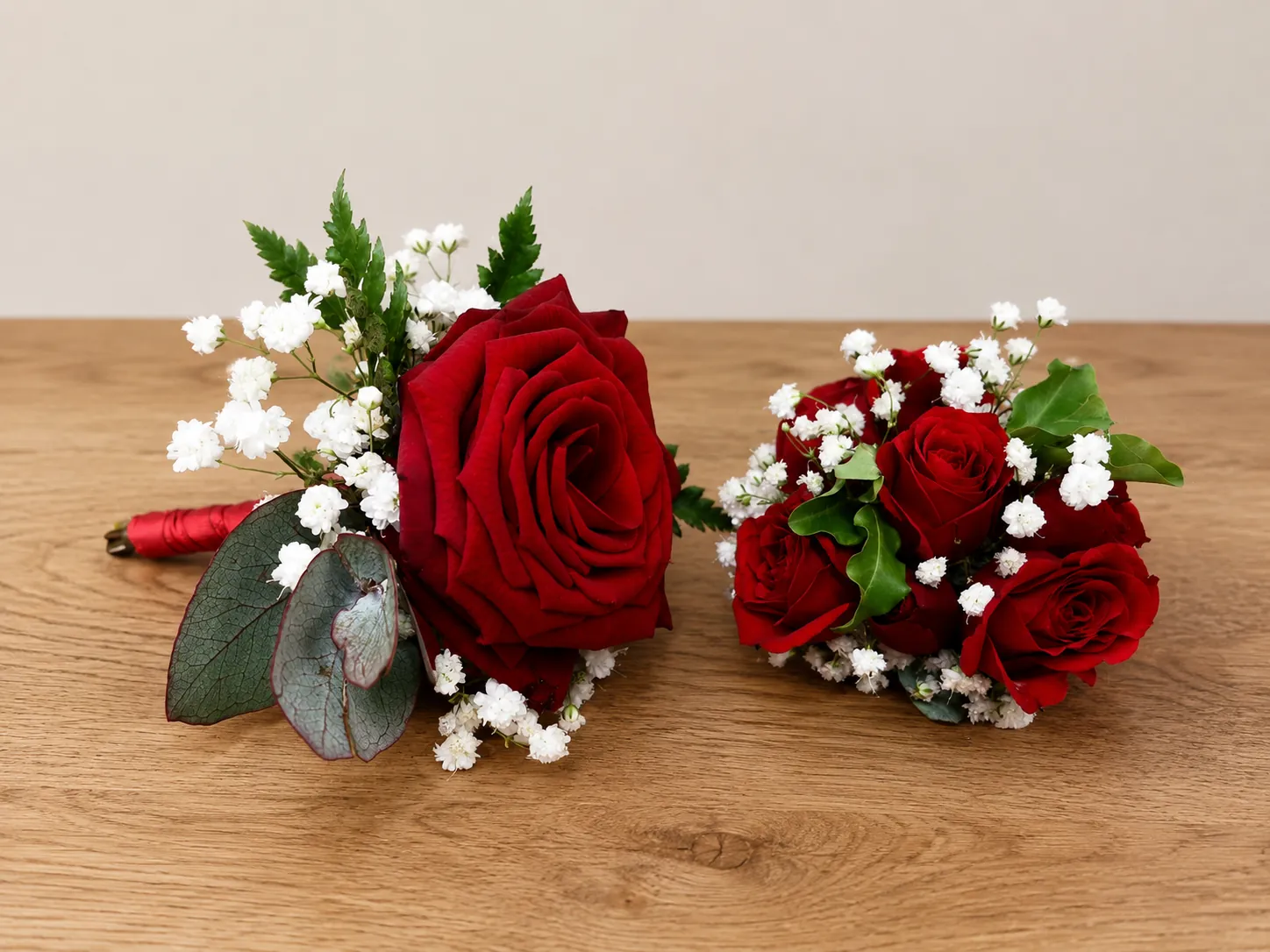 Red rose buttonhole and matching wrist posy with eucalyptus