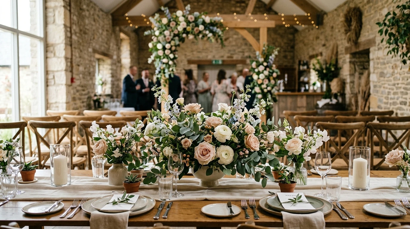 Rustic stone barn wedding reception with a floral arch and a long table centrepiece of blush roses and eucalyptus