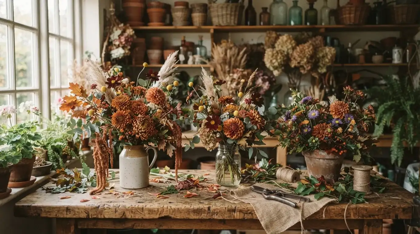 Autumn flower arrangements with dahlias, pampas grass and chrysanthemums, Quality Plants and Flowers, Denby Dale florist