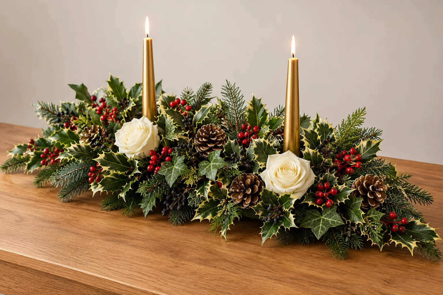 Long Christmas table centrepiece with holly, ivy, white roses, pinecones and two gold candles