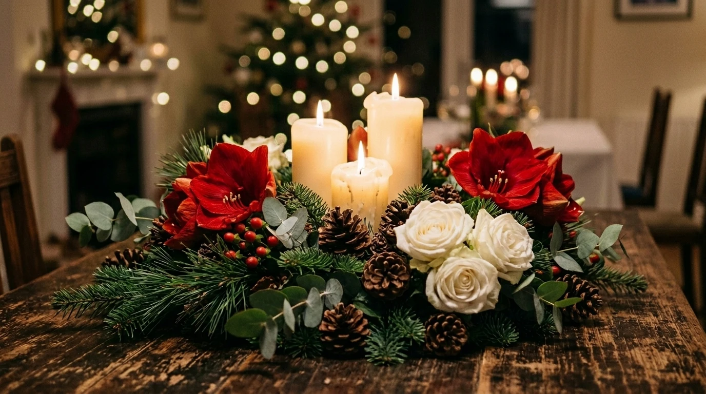 Christmas table centrepiece with red amaryllis, white roses, pinecones and candles