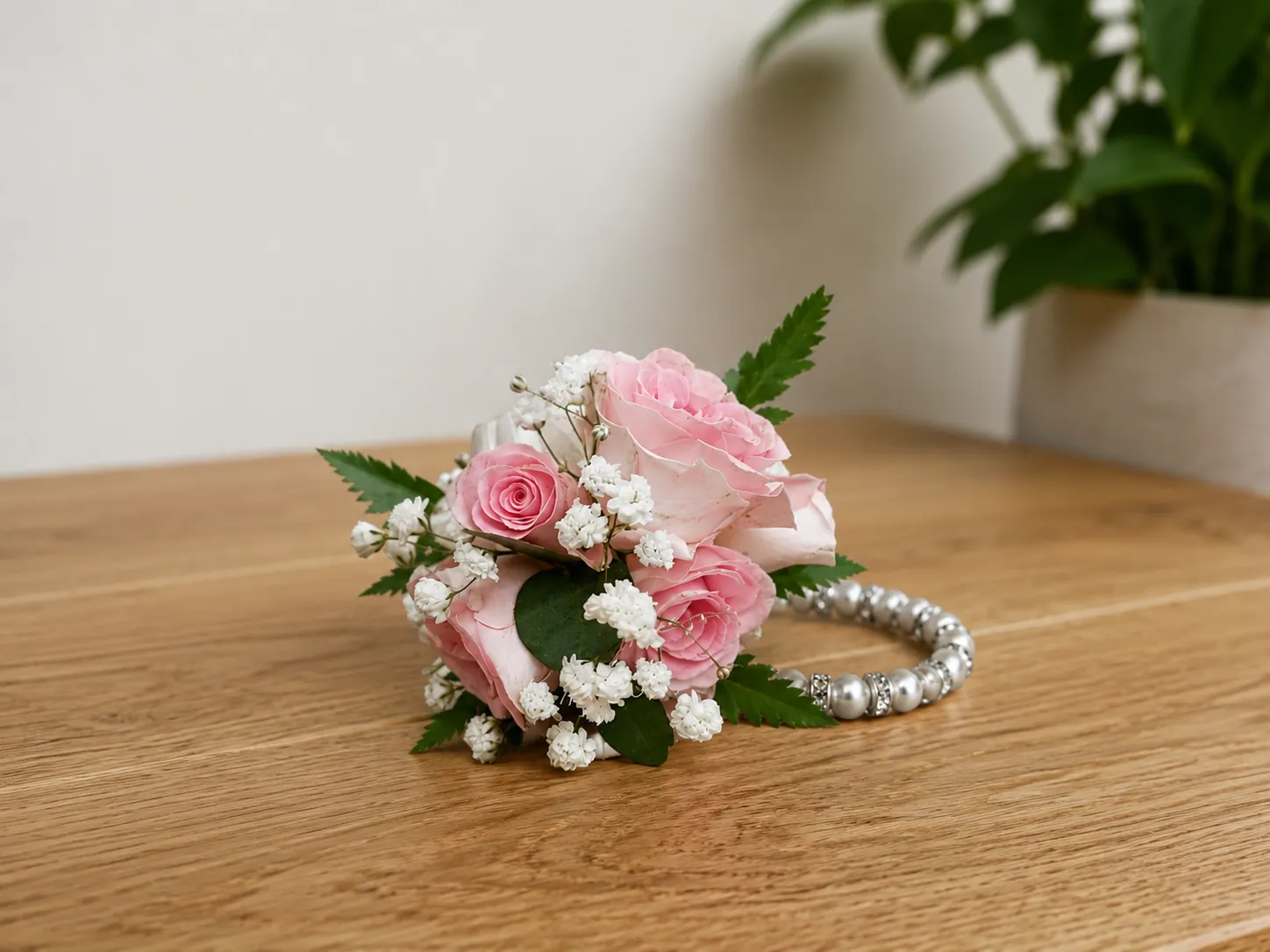 Pink rose wrist corsage with a pearl bracelet