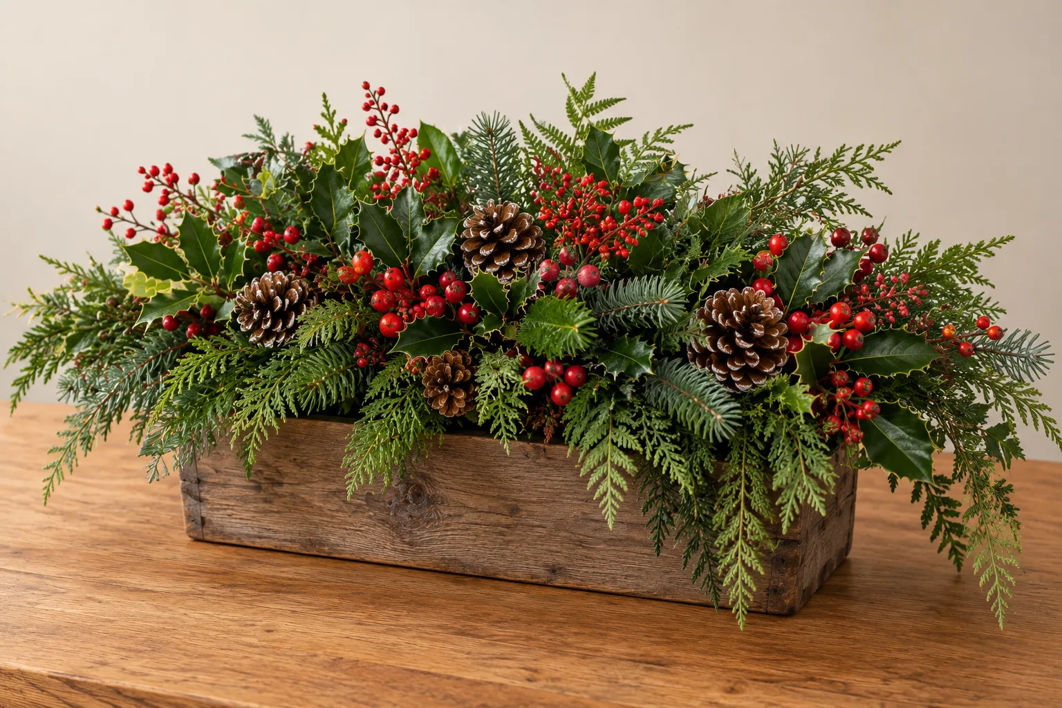 Rustic wooden trough filled with Christmas foliage, holly, red berries and pinecones