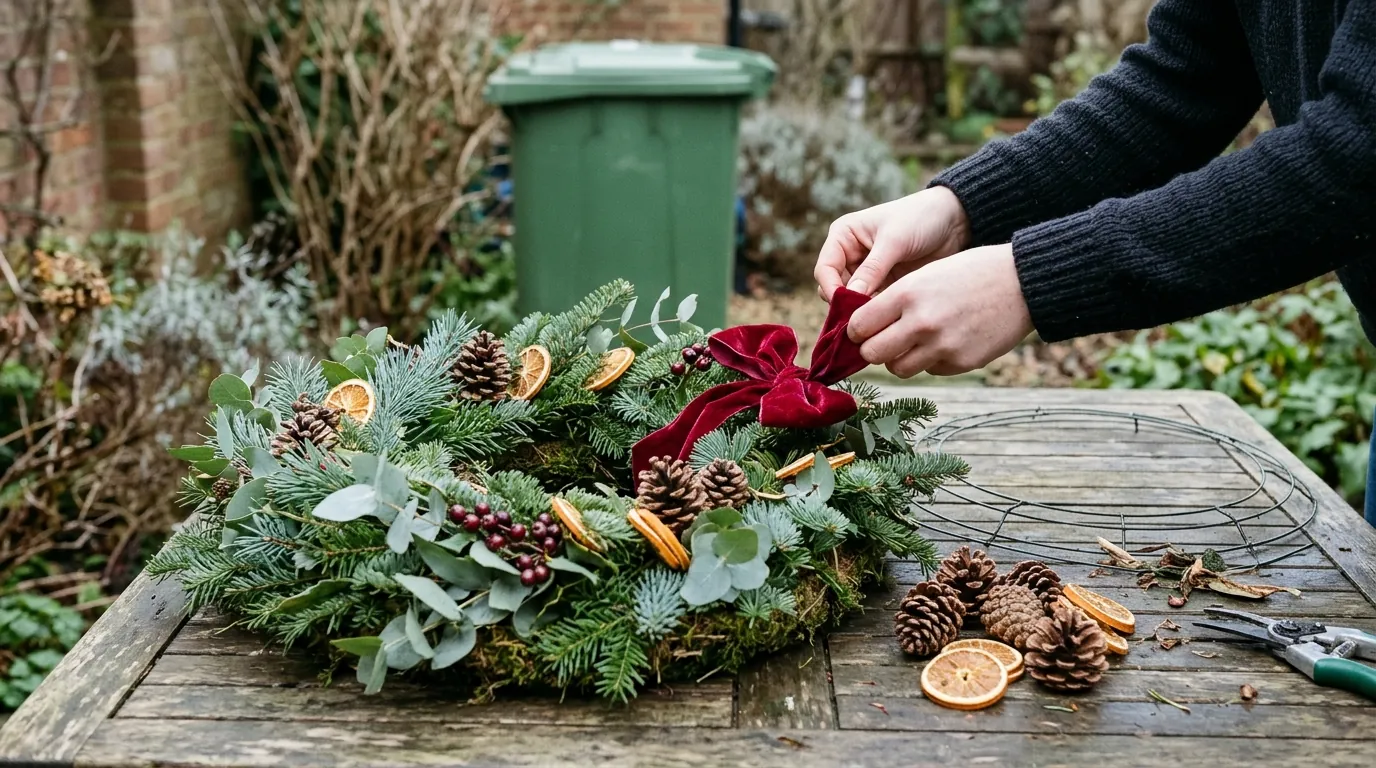 Hands untying the red velvet bow from a fresh wreath on a garden table, with removed pinecones and orange slices, a bare wire ring and a green garden waste bin behind