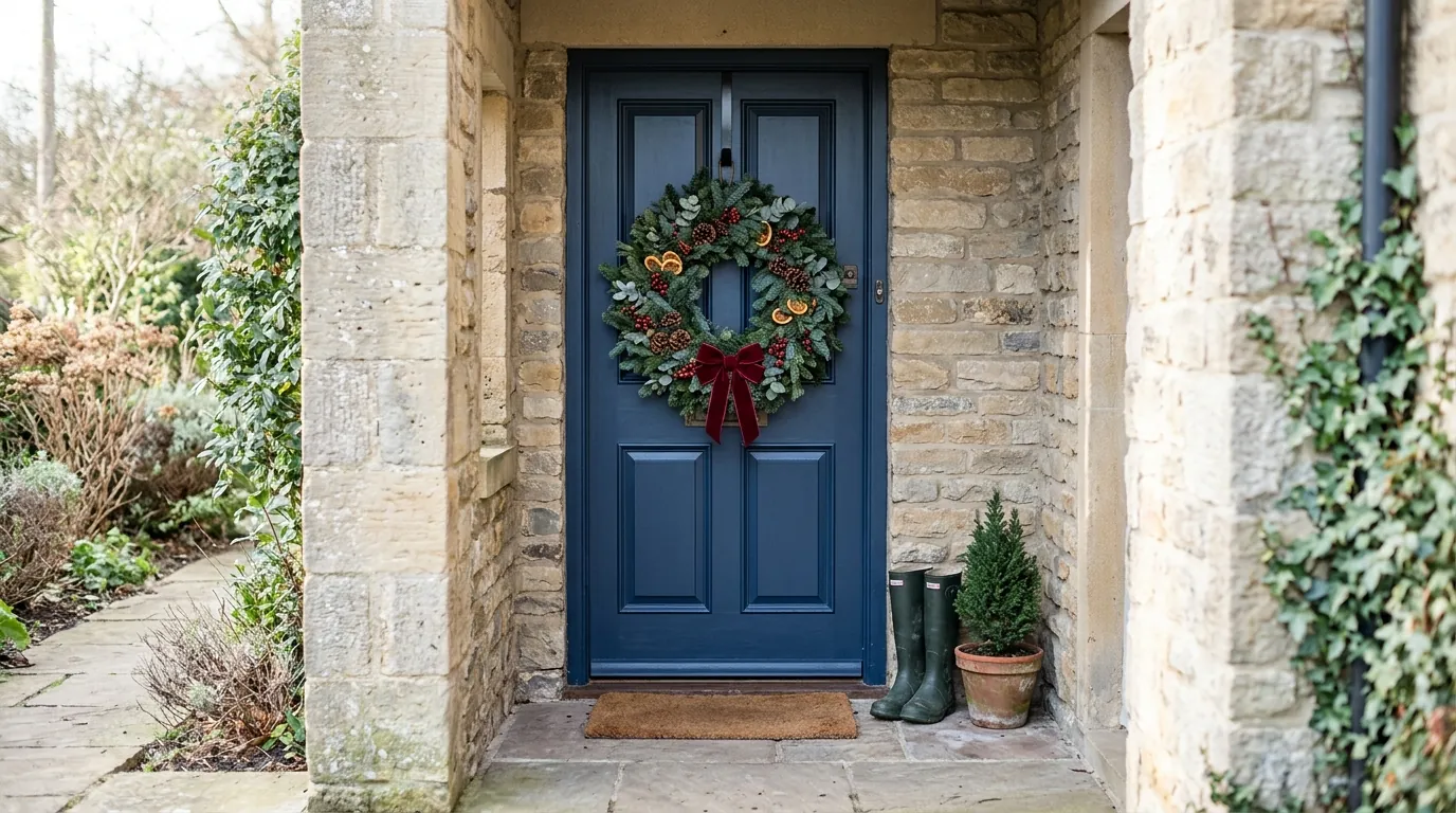 Fresh Christmas wreath hung on an over-door hook on a navy blue front door in a shaded Yorkshire stone porch, with wellies and a small potted conifer by the step