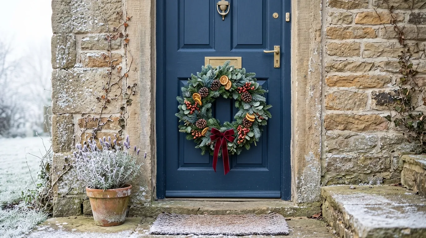 Fresh Christmas wreath of fir, blue pine and eucalyptus with pinecones, dried orange slices, red berries and a red velvet bow on a navy blue door of a frosty Yorkshire stone cottage