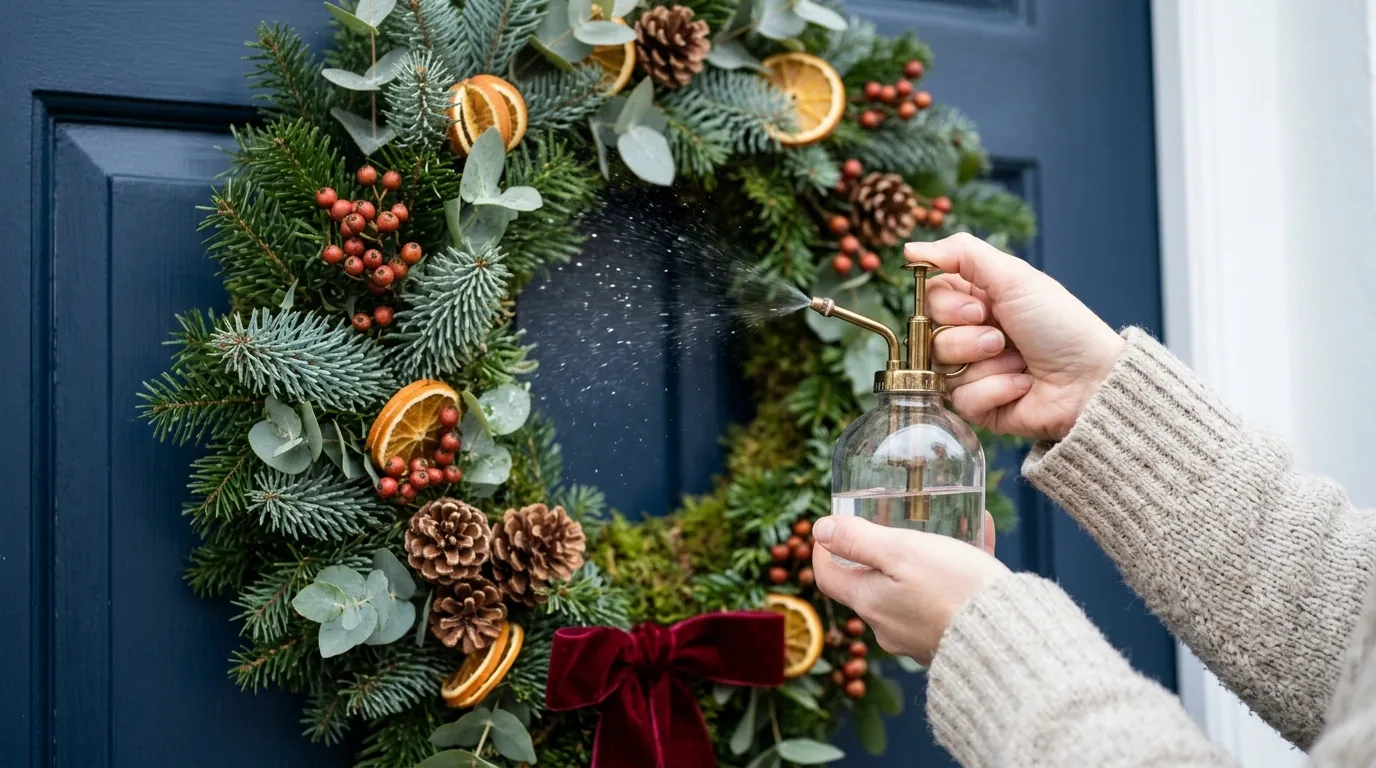 Hands in a knitted jumper misting a fresh wreath of fir, eucalyptus, dried orange and berries with a glass and brass plant mister