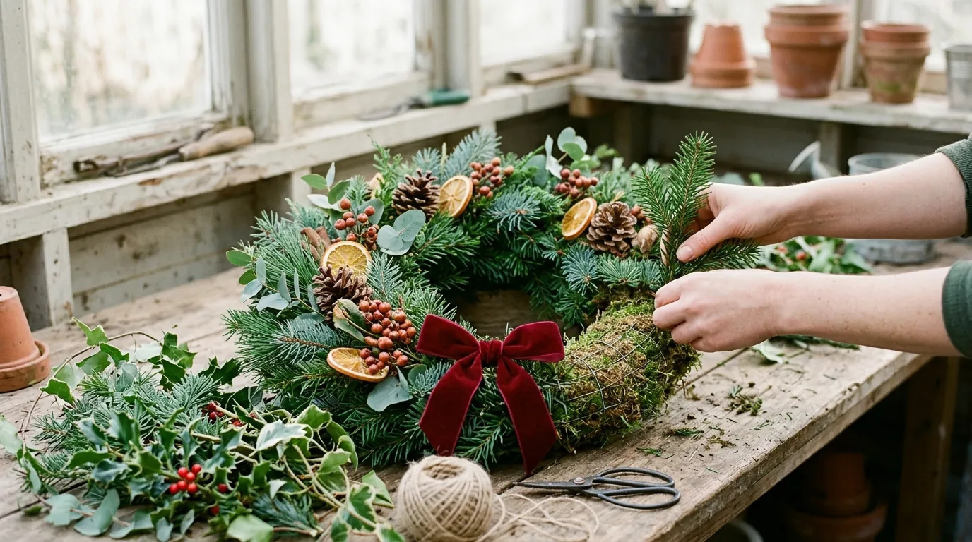 Hands pushing a fresh sprig of fir into the moss base of a Christmas wreath on a potting-shed bench, with cut holly, twine and scissors beside it