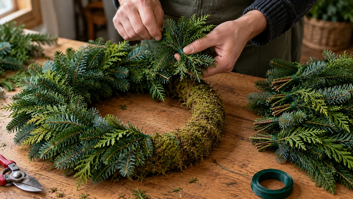 Hands binding a bundle of fir and cypress onto a moss-covered wreath ring with green reel wire, with a pile of ready-made foliage bundles beside it