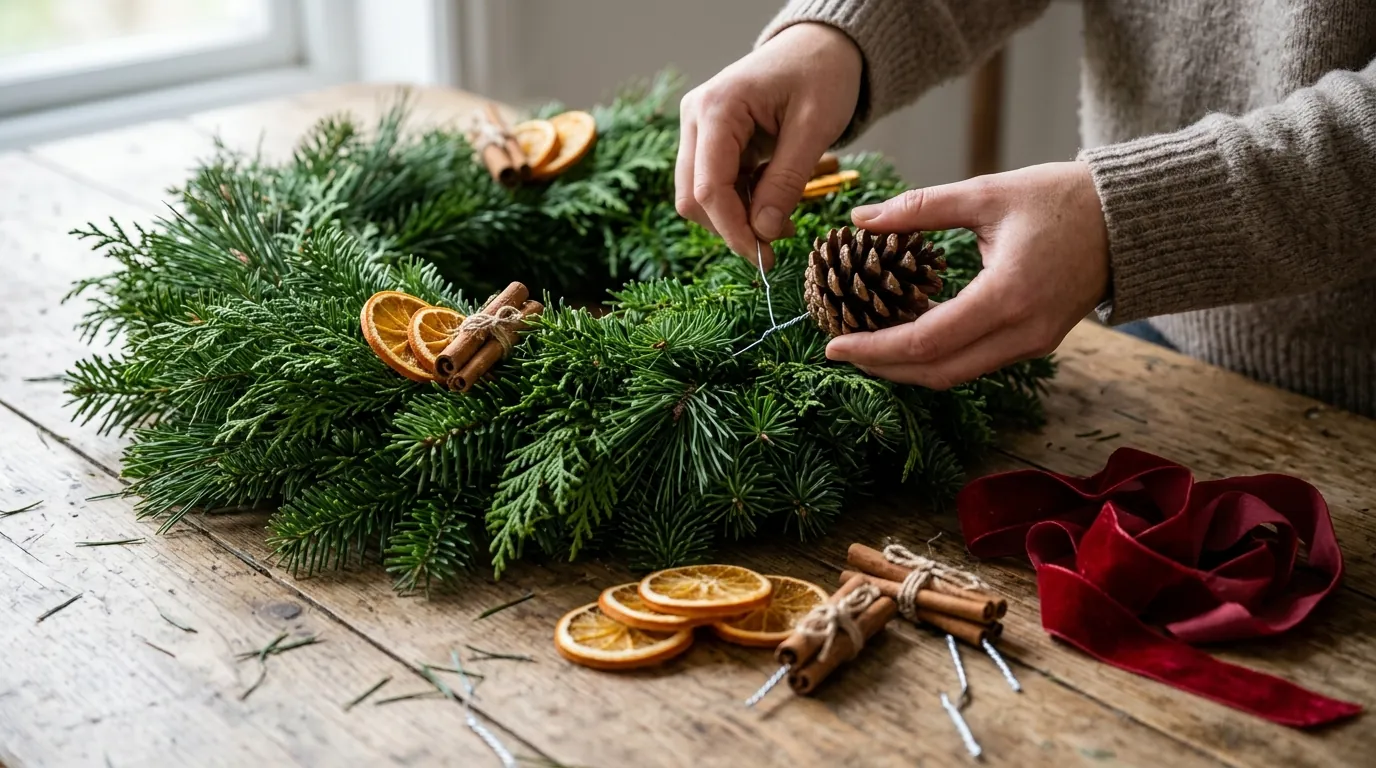 Hands wiring a pinecone into a fresh green wreath, with wired dried orange slices, cinnamon bundles and red velvet ribbon on the table