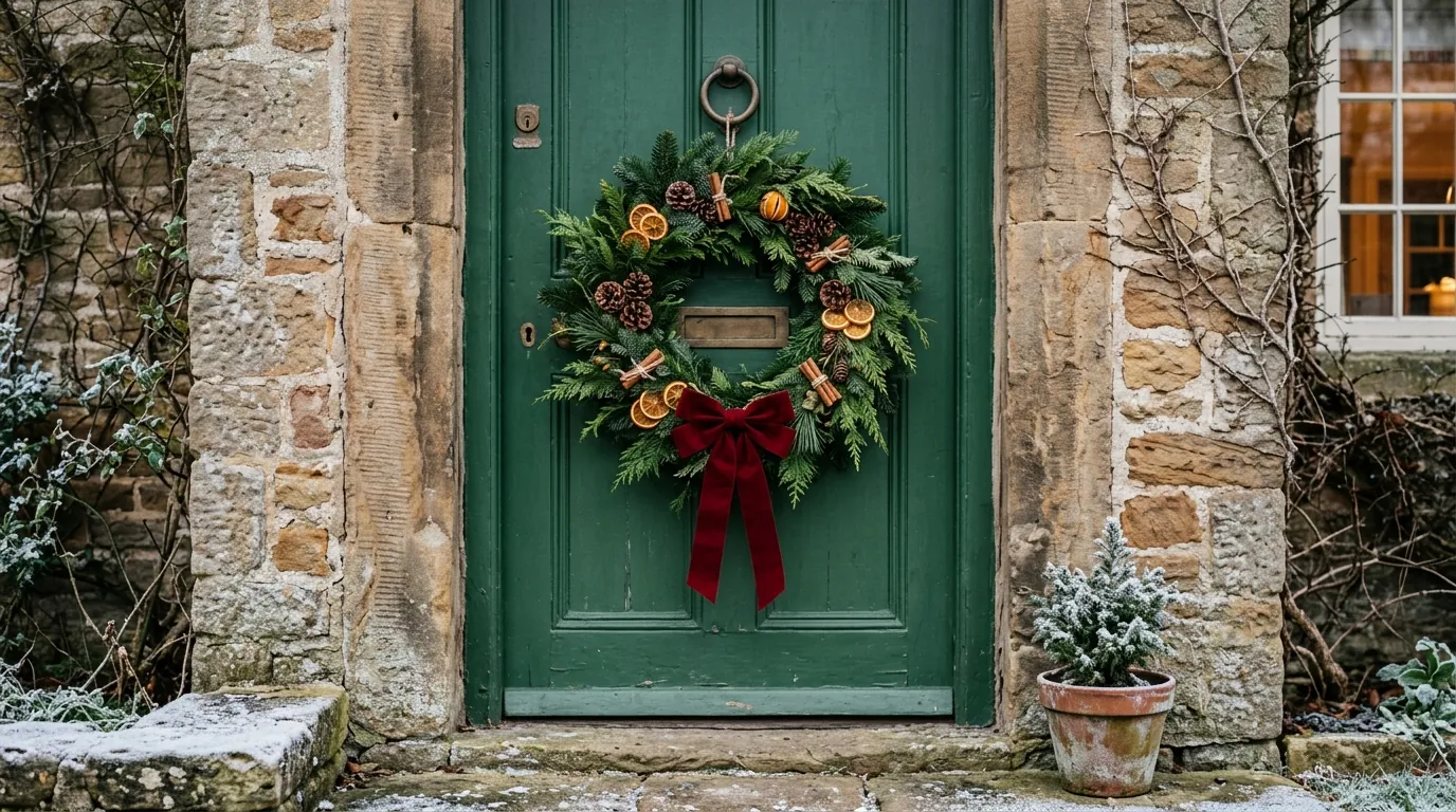Homemade fresh Christmas wreath with pinecones, dried oranges, cinnamon bundles and a red velvet bow on the green door of a Yorkshire stone cottage, with frost on the step